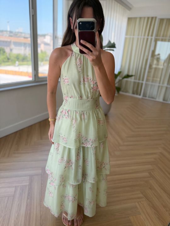 Kat Etekli Yeşil Floral Elbise