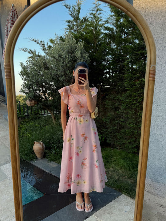 Katty Pembe Floral Desen Elbise