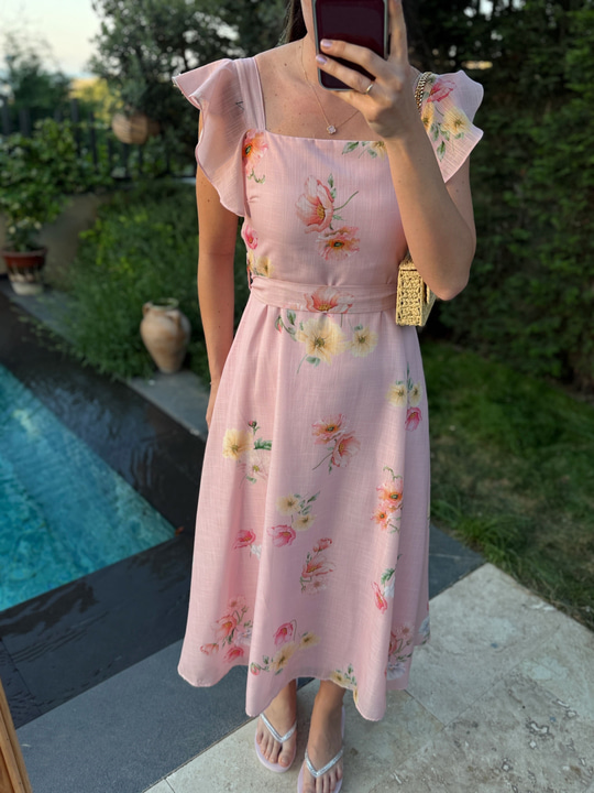 Katty Pembe Floral Desen Elbise