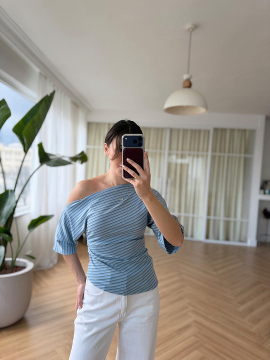 Kayık Yaka Asimetrik Çizgili Mavi Body