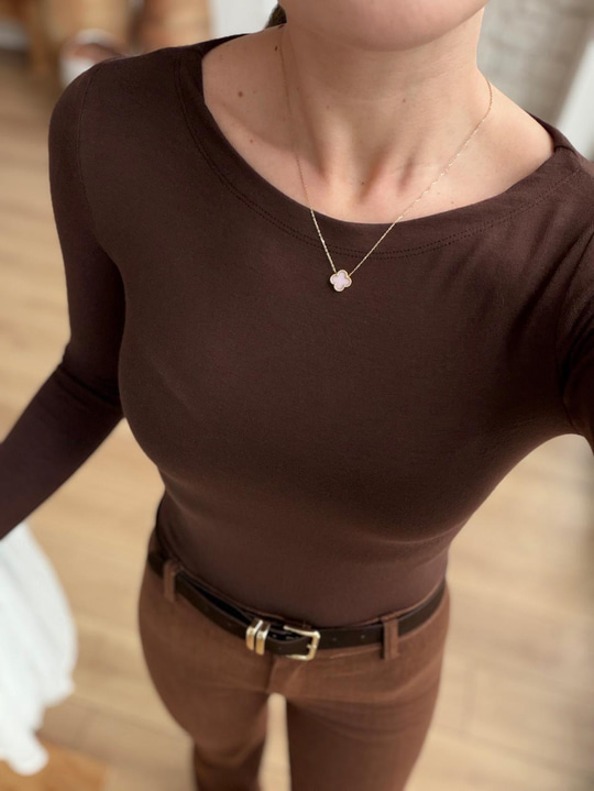 Kayık Yaka Uzun Kol Kahverengi Body