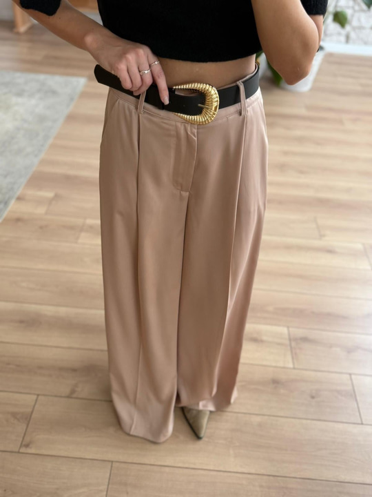 Kemerli Camel Saten Pantolon