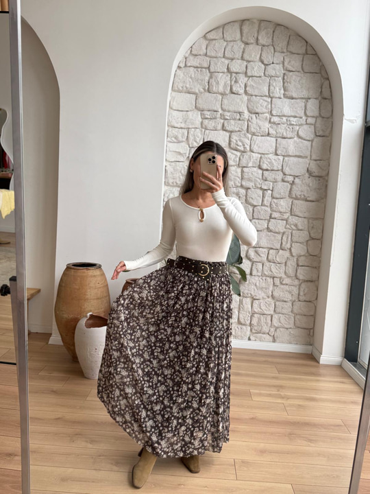 Kemerli Çiçek Desenli Haki Etek