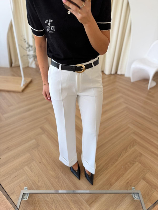 Kemerli Duble Paça Pantolon - Beyaz