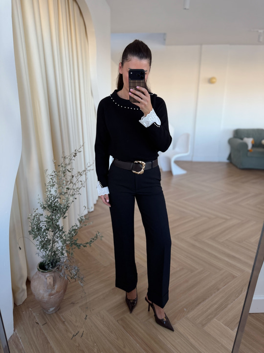 Kemerli Duble Paça Pantolon - Siyah