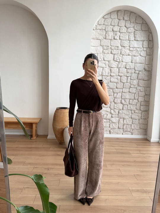 Kemerli Kadife Vizon Pantolon
