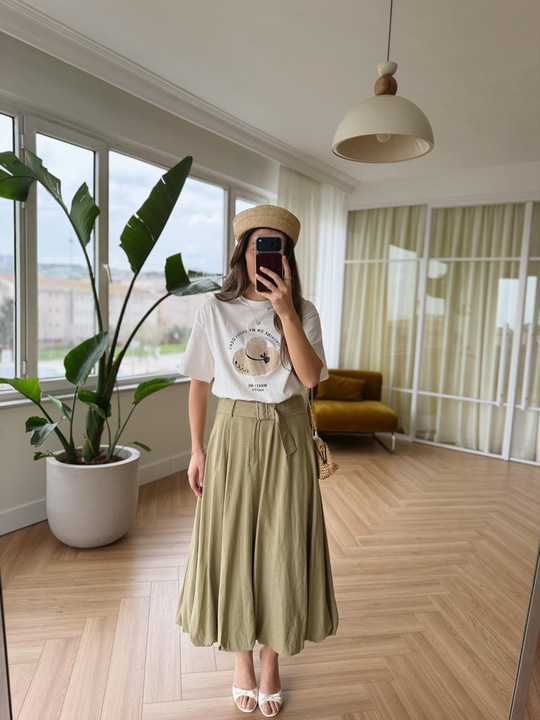 Kemerli Olive Midi Balon Etek
