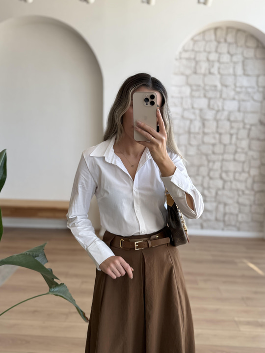 Kemerli Tensel Kumaş Taba Pileli Etek