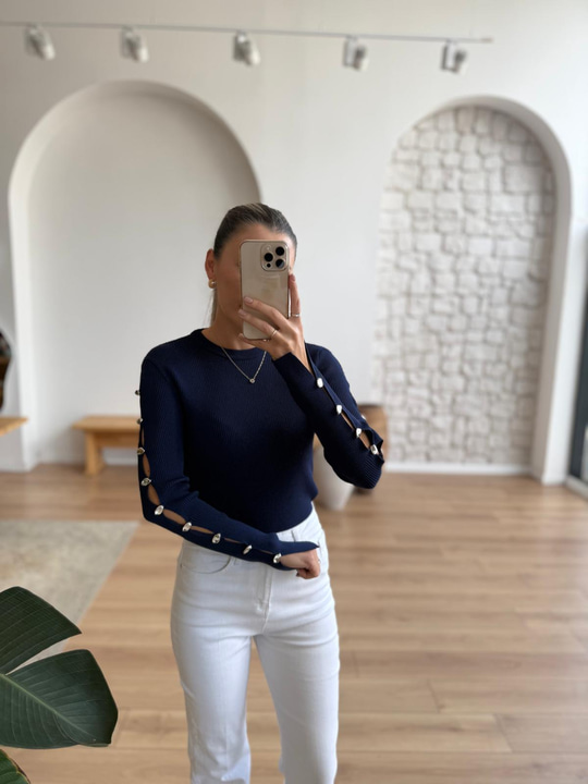 Kol Aksesuarlı Lacivert Çelik Triko