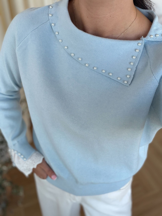 Kol Uçları Fisto Detaylı Yakası İncili Triko-Bebe Mavi