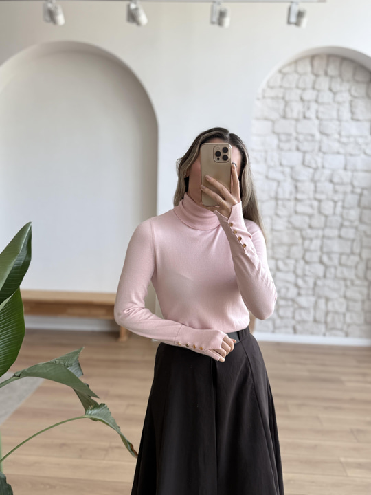 Kolu Düğme Detaylı Pembe Triko