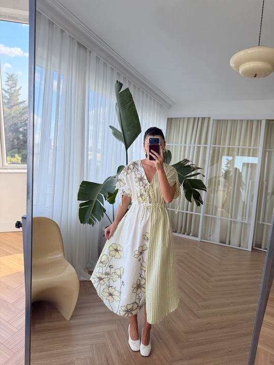 Kontrast Desenli Sarı Elbise
