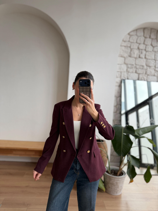 Kruvaze Kesim Mürdüm Blazer Ceket