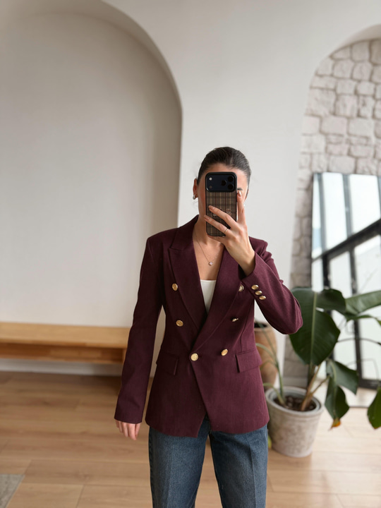 Kruvaze Kesim Mürdüm Blazer Ceket