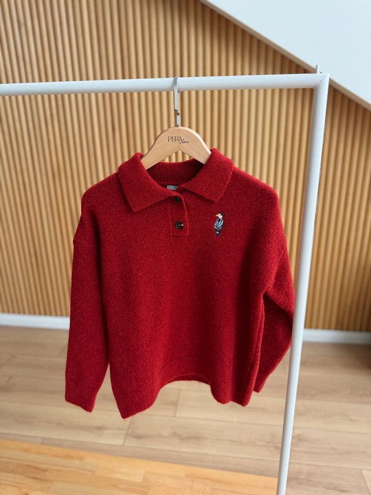Kuş Nakışlı Polo Yaka Kırmızı Kazak