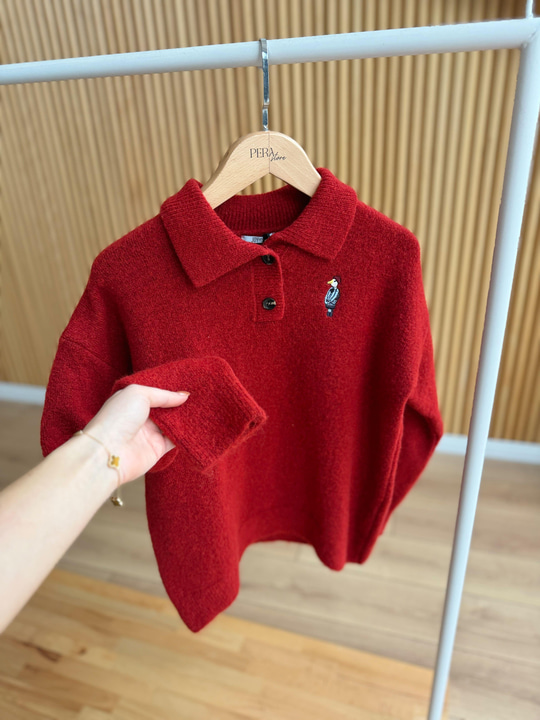 Kuş Nakışlı Polo Yaka Kırmızı Kazak
