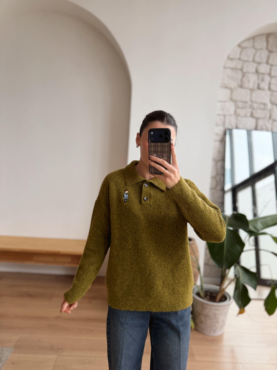 Kuş Nakışlı Polo Yaka Olive Kazak