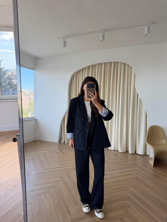 Lacivert Gömlek Garnili Blazer Ceket-Pantolon Takım