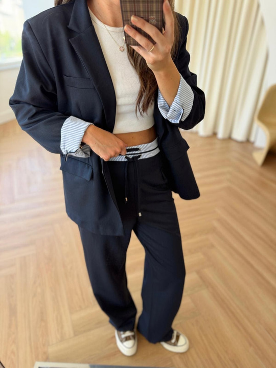 Lacivert Gömlek Garnili Blazer Ceket-Pantolon Takım