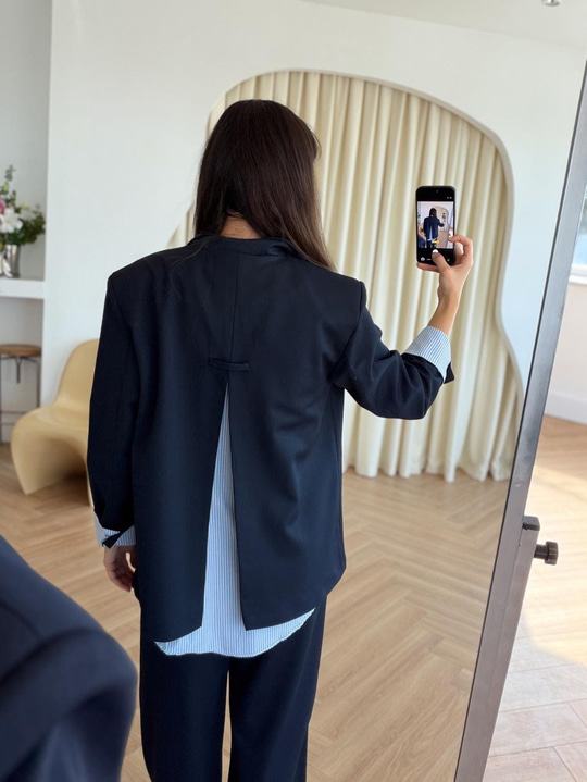 Lacivert Gömlek Garnili Blazer Ceket-Pantolon Takım