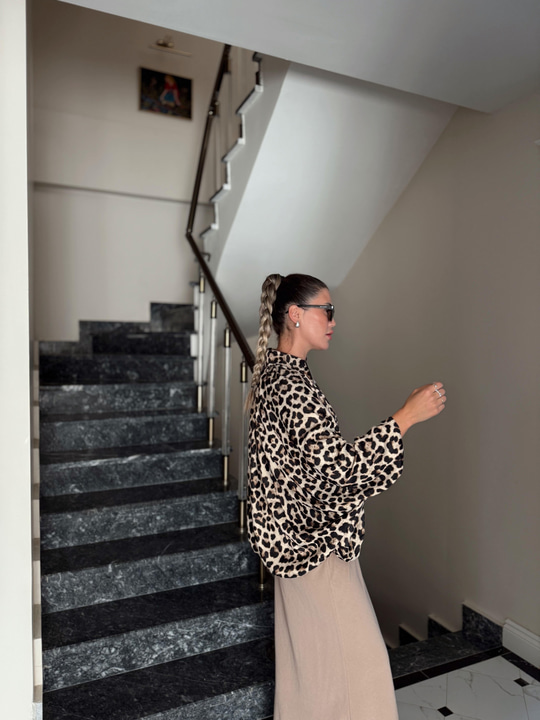 Leopar Desen Saten Bomber Ceket