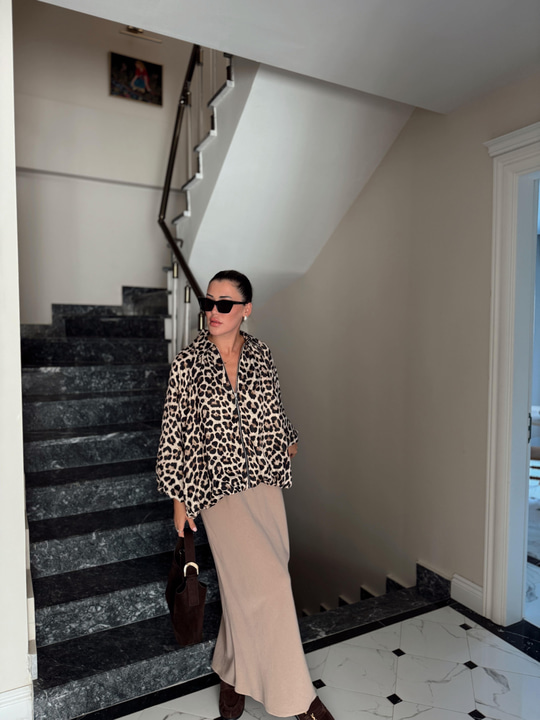 Leopar Desen Saten Bomber Ceket