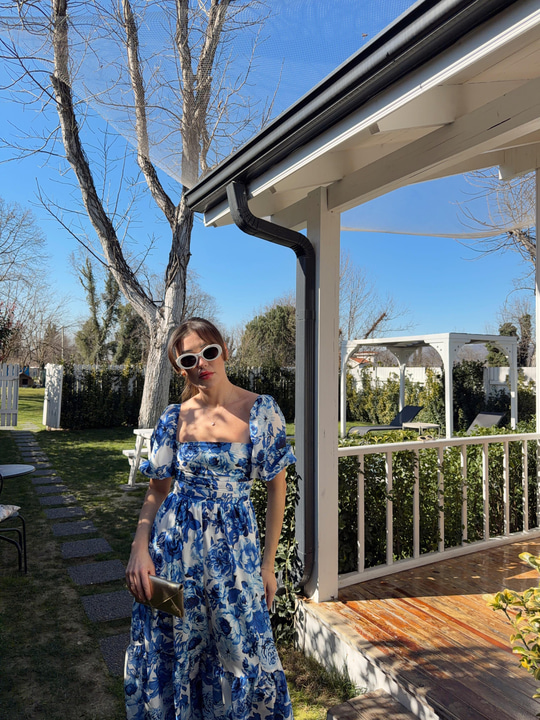 Marlo Mavi Floral Elbise