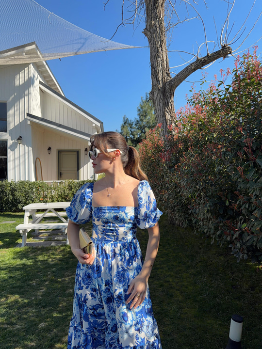 Marlo Mavi Floral Elbise