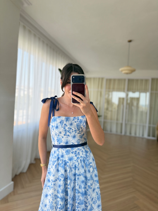 Mavi Kurdela Detaylı Floral Elbise