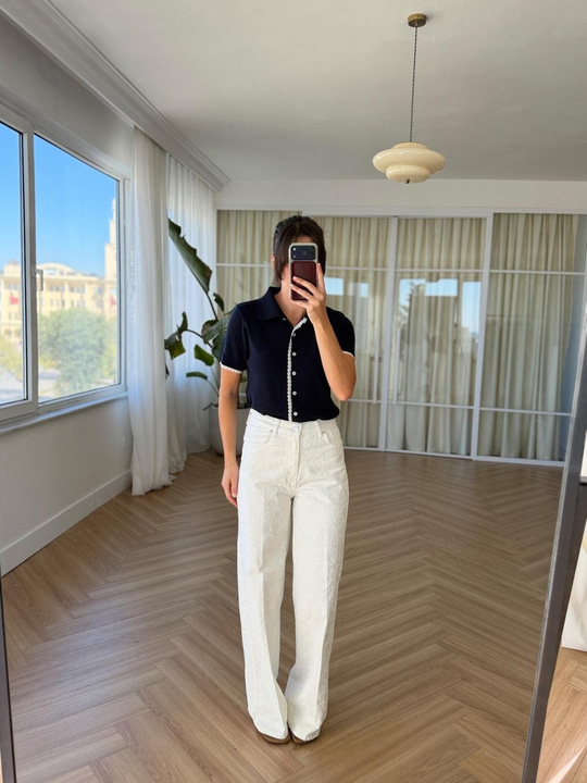 Nakış Desen Ekru Jean