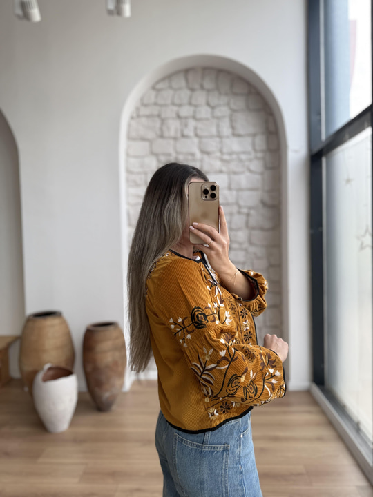 Nakışlı Fitilli Kadife İnce Ceket