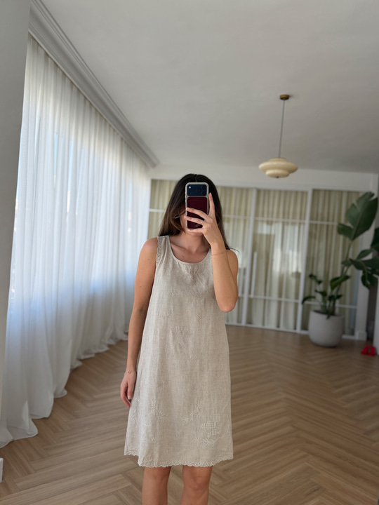 Navy Nakışlı Natural Elbise