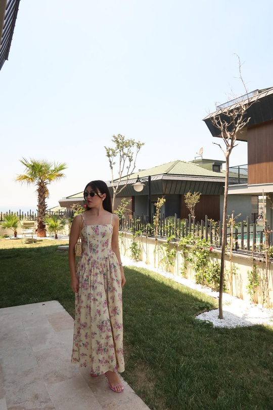 Nosa Floral Desen Sarı Elbise