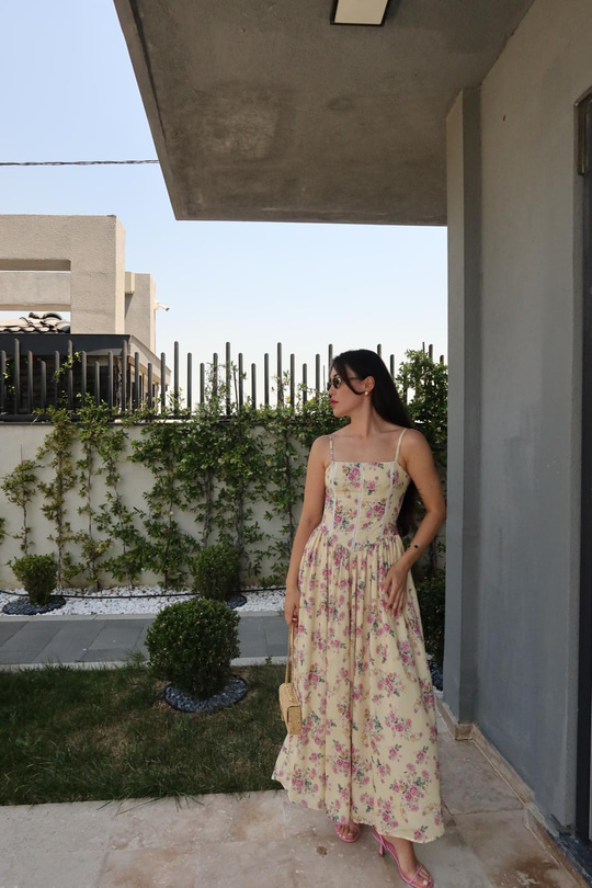 Nosa Floral Desen Sarı Elbise