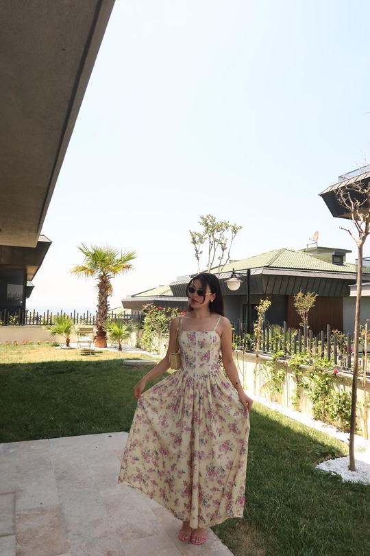 Nosa Floral Desen Sarı Elbise