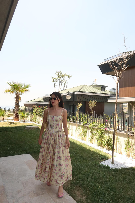 Nosa Floral Desen Sarı Elbise