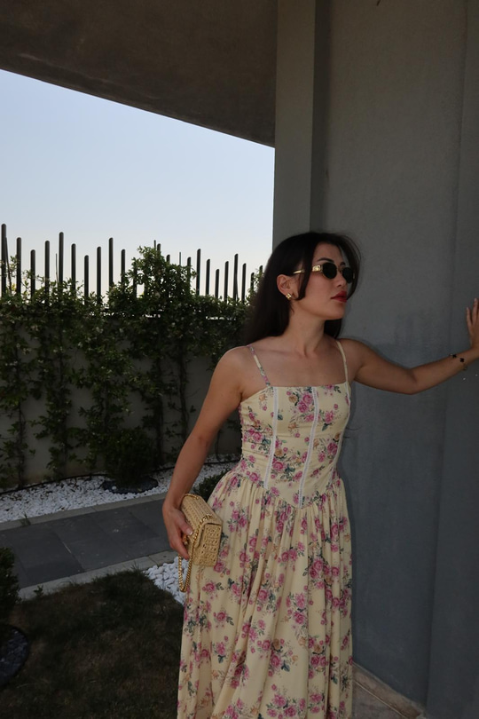 Nosa Floral Desen Sarı Elbise