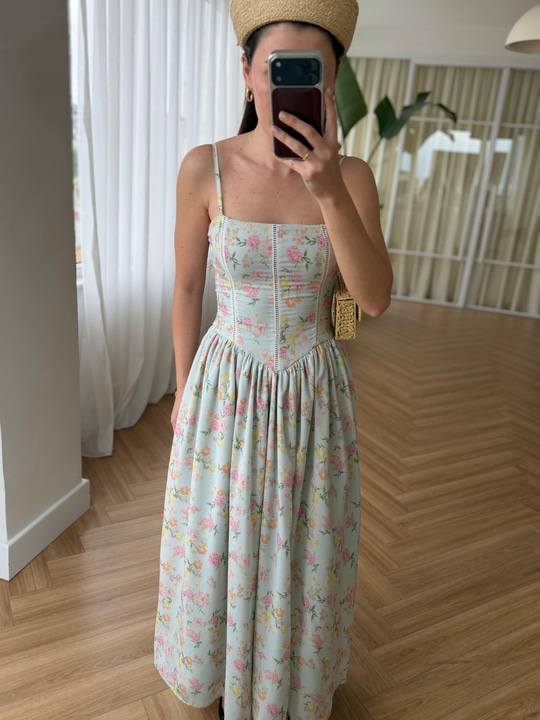 Nosa Floral Desen Su Yeşili Elbise