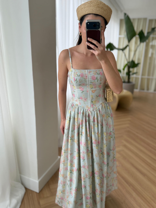 Nosa Floral Desen Su Yeşili Elbise