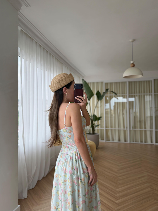 Nosa Floral Desen Su Yeşili Elbise