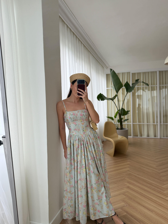 Nosa Floral Desen Su Yeşili Elbise