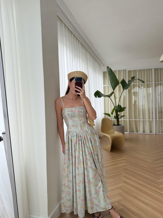 Nosa Floral Desen Su Yeşili Elbise