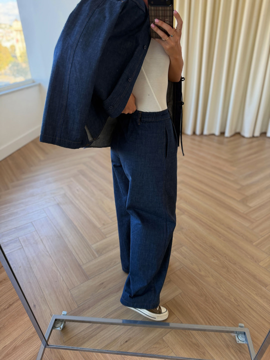 Önü Düğme Detaylı İkili Denim Takım