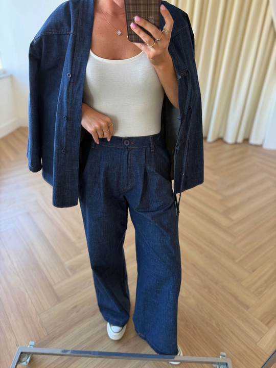 Önü Düğme Detaylı İkili Denim Takım