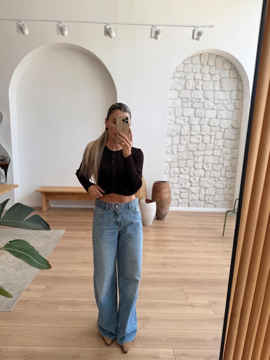 Örgü Bel Detaylı Geniş Paça Jean Pantolon
