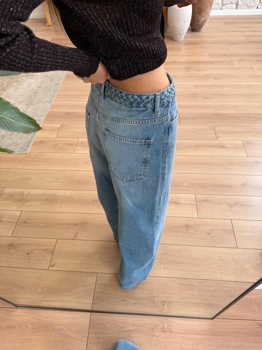 Örgü Bel Detaylı Geniş Paça Jean Pantolon