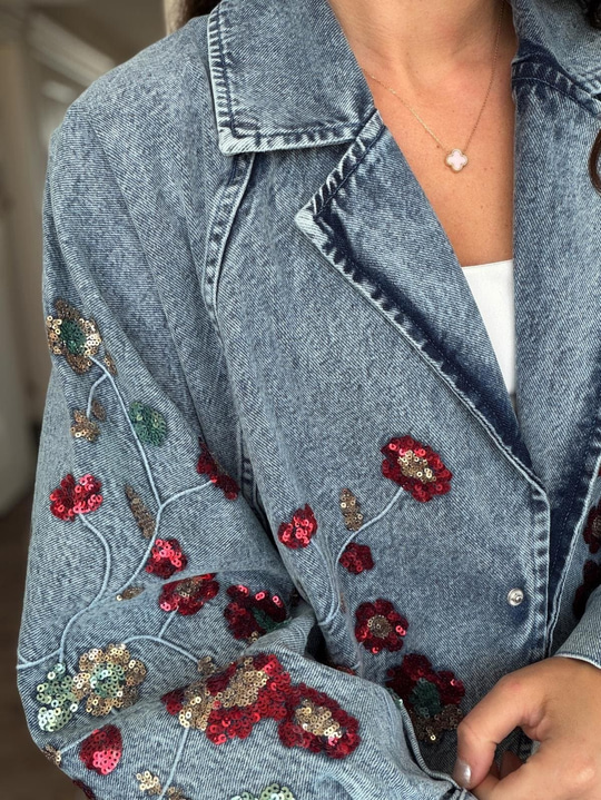 Payet Çiçek İşlemeli Bomber Denim Ceket