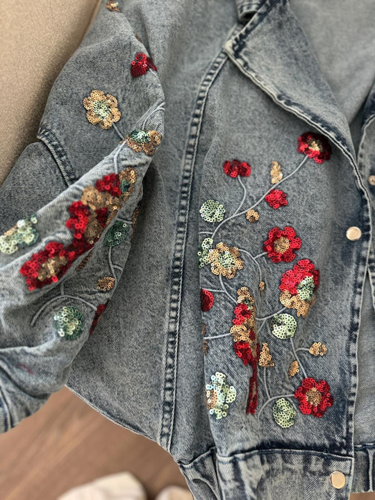 Payet Çiçek İşlemeli Bomber Denim Ceket