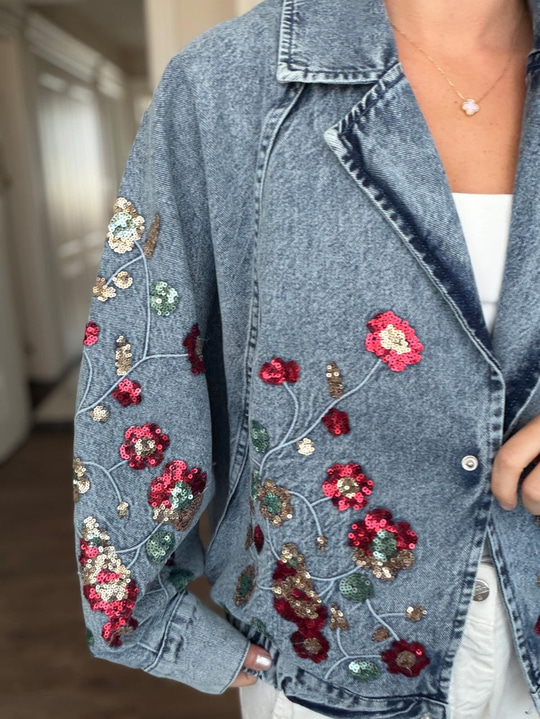 Payet Çiçek İşlemeli Bomber Denim Ceket