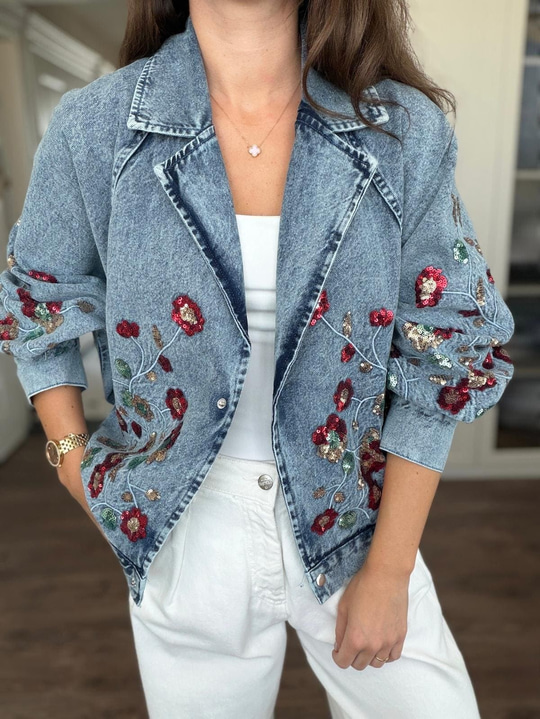 Payet Çiçek İşlemeli Bomber Denim Ceket
